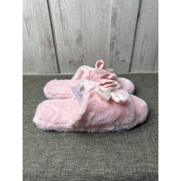 Womens Fuzzy Open Toe Pink Slippers Bow Trim Non-Slip Sole Size M 8-10 - Picture 2 of 7